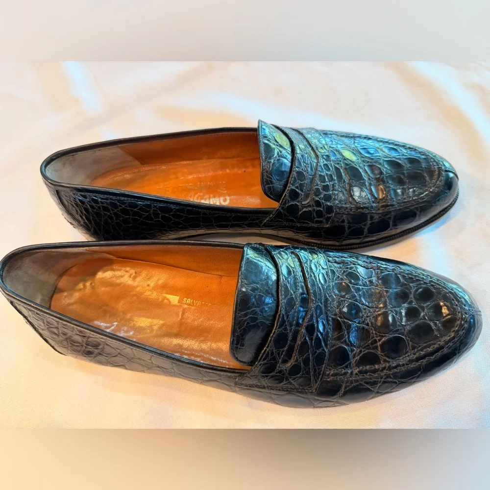 Salvatore Ferragamo Exotic Black Crocodile Leather Mens Penny Loafers Sz 10D